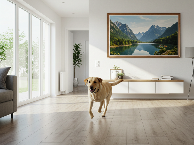 Golden retriever on vinyl floor